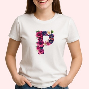 Tricou Alfabet Litera P cu flori, margarete, flori colorate, Alb, Unisex Dama si Barbat | Copii