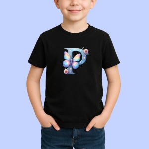 Tricou Alfabet Litera P cu fluturi colorati, stele aurii, flori colorate, Negru, Unisex Dama si Barbat | Copii - Img 2