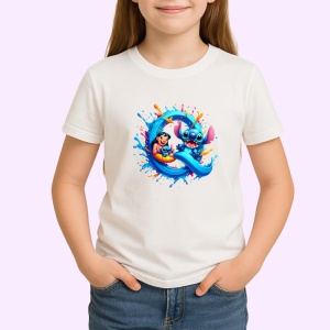 Tricou Alfabet Litera Q cu Lilo si Stitch albastru, veselie mare, Alb, Unisex Dama si Barbat | Copii - Img 2