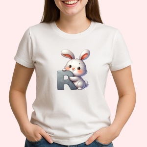 Tricou Alfabet Litera R cu animal Rabbit Iepure , Alb, Unisex Dama si Barbat | Copii - Img 2