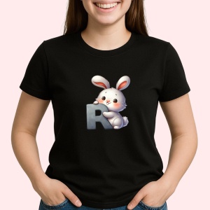 Tricou Alfabet Litera R cu animal Rabbit Iepure, Negru, Unisex Dama si Barbat | Copii