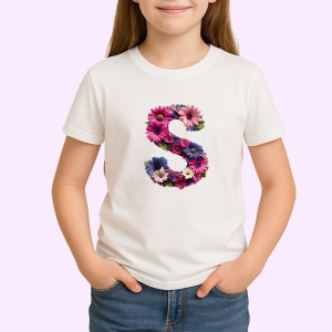 Tricou Alfabet Litera S cu flori, margarete, flori colorate, Alb, Unisex Dama si Barbat | Copii - Img 2