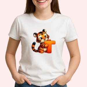 Tricou Alfabet Litera T cu animal Tiger Tigru , Alb, Unisex Dama si Barbat | Copii - Img 2