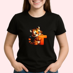 Tricou Alfabet Litera T cu animal Tiger Tigru, Negru, Unisex Dama si Barbat | Copii
