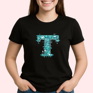 Tricou Alfabet Litera T cu circuite, cyber, tehnologie, Negru, Unisex Dama si Barbat | Copii