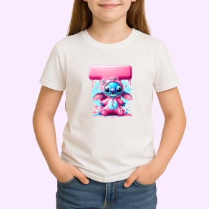 Tricou Alfabet Litera T cu Stitch Roz fericit, explozie de culori, Alb, Unisex Dama si Barbat | Copii - Img 2