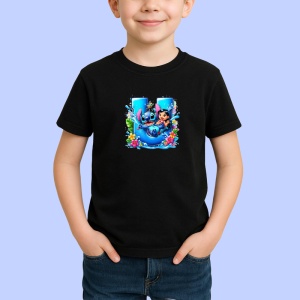 Tricou Alfabet Litera U cu Lilo si Stitch albastru, veselie mare, Mare, Negru, Unisex Dama si Barbat | Copii
