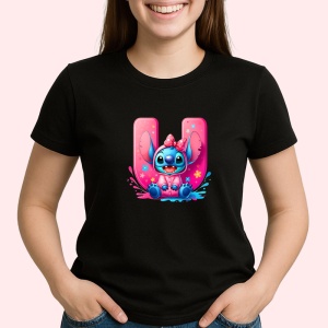 Tricou Alfabet Litera U cu Stitch Roz fericit, explozie de culori, Negru, Unisex Dama si Barbat | Copii