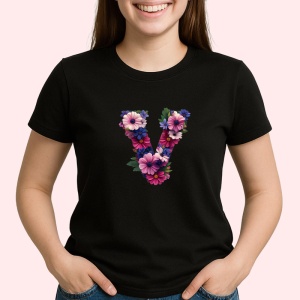 Tricou Alfabet Litera V cu flori, margarete, flori colorate, Negru, Unisex Dama si Barbat | Copii