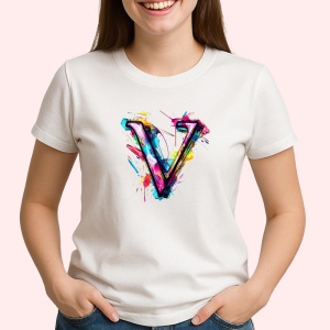 Tricou Alfabet Litera V cu graffiti, design exploziv, arta urbana, Alb, Unisex Dama si Barbat | Copii