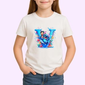 Tricou Alfabet Litera V cu Lilo si Stitch albastru, veselie mare, Alb, Unisex Dama si Barbat | Copii - Img 2