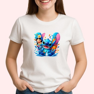 Tricou Alfabet Litera W cu Lilo si Stitch albastru, veselie mare, Alb, Unisex Dama si Barbat | Copii