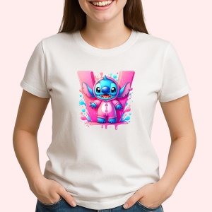 Tricou Alfabet Litera W cu Stitch Roz fericit, explozie de culori, Alb, Unisex Dama si Barbat | Copii