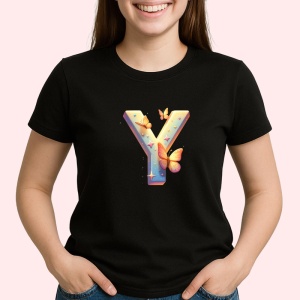 Tricou Alfabet Litera Y cu fluturi colorati, stele aurii, flori colorate, Negru, Unisex Dama si Barbat | Copii - Img 1