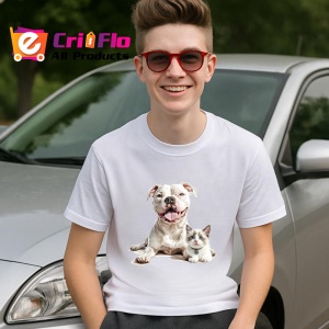 Tricou American Pitbull Terrier si pisica Ragdoll prieteni adorabili pe fundal albastru Copii | Dama | Barbat Barbat - Img 6