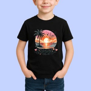Tricou Apus pe plaja cu palmieri text love summer Copii | Dama | Barbat, negru - Img 3