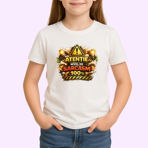 Tricou Atentie Nivel De Sarcasm 100 Suta Avertizare, din bumbac 100% , tricou alb pentru Copii | Dama | Barbat - Img 2