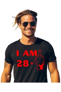 Tricou barbat personalizat cu varsta de 29 ani imbracat de un barbat atragator care prezinta tricoul primit cadou de ziua lui