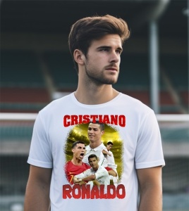 Bărbat purtând un tricou alb personalizat cu un design dedicat lui Cristiano Ronaldo, cu mai multe imagini ale fotbalistului în momente emblematice, numele său scris cu roșu și un fundal auriu, fotografiat pe un stadion.