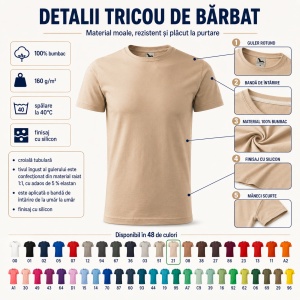 Tricou bărbat Malfini Basic Clasic, 100% bumbac, 160 g/m², guler rotund, 48 de culori, mărimi XS–5XL - Img 3