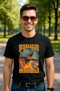 Tricou Barbat Tralalero Tralala cu personajul Bombadiro Crocodilo Meme Crocodilo Fire - Italian Brainrot - Img 4