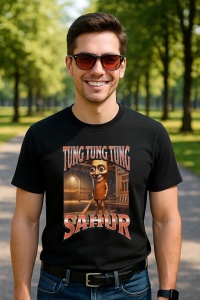 Tricou Barbat Tralalero Tralala cu personajul Tung Tung Sahur Funny Italian Brainrot Meme Graphic - Img 5