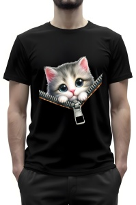 Bărbat purtând un tricou negru cu un design inedit ce înfățișează un fermoar deschis, din care iese un pisoi adorabil. Pisoiul are blana în nuanțe de gri și alb, ochii mari și expresivi și urechile roz, dând impresia că se uită curios afară din tricou. Ef