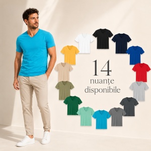 Tricou Bărbați cu Guler în V, 100% Bumbac, Slim Fit, 180 g/m², 14 Culori, Mărimi S–3XL
