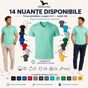 Tricou Bărbați cu Guler în V, 100% Bumbac, Slim Fit, 180 g/m², 14 Culori, Mărimi S–3XL - Img 11
