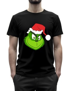 Tricou negru cu un design de Crăciun ce afișează o față verde inspirată de Grinch, purtând o căciulă de Moș Crăciun, cu o expresie ușor malițioasă.
