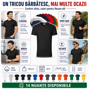 Tricou bărbați heavy, 100% bumbac pre-shrunk, 200 g/m², 14 nuanțe disponibile - Img 8