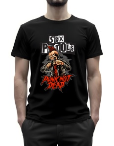 Tricou negru cu un design punk inspirat de Sex Pistols, având logo-ul trupei deasupra unei ilustrații a unui personaj cu creastă roșie și jachetă de piele, însoțit de textul 'Punk Not Dead' în roșu.