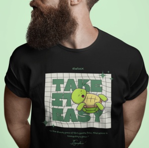 Bărbat cu barbă, purtând un tricou negru cu mesajul 'Take it Easy' și o grafică cu o broască țestoasă, pe fundal verde deschis.