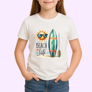 Tricou Beach life cu soare ochelari surfboard si padel stil surfing Copii | Dama | Barbat Barbat