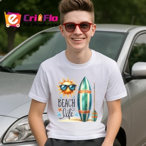 Tricou Beach life cu soare ochelari surfboard si padel stil surfing Copii | Dama | Barbat Barbat - Img 5