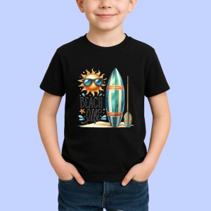 Tricou Beach life cu soare ochelari surfboard si padel stil surfing Copii | Dama | Barbat, negru - Img 3