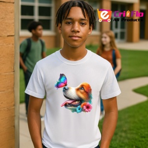 Tricou Beagle cu fluture turcoaz si floare roz design artistic Copii | Dama | Barbat Barbat - Img 4
