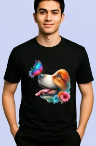 Tricou Beagle cu fluture turcoaz si floare roz design artistic Copii | Dama | Barbat, negru - Img 2