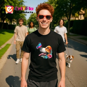 Tricou Beagle cu fluture turcoaz si floare roz design artistic Copii | Dama | Barbat, negru - Img 5