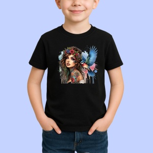 Tricou Bird on shoulder tattooed woman, femeie tatuata cu pasare pe umar, Copii | Dama | Barbat , tricou negru - Img 2