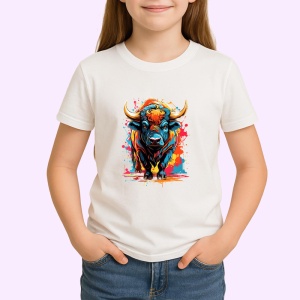 Tricou Bivol in stil pop art cu fundal alb si stropi de culoare Copii | Dama | Barbat - Img 4