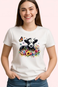 Tricou black white cow flower field, vaca alb negru in camp cu flori, Copii | Dama | Barbat - Img 4