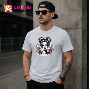 Tricou black white floral portrait sketch, portret floral alb negru in stil schita, Copii | Dama | Barbat - Img 5