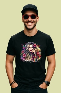 Tricou Blonde floral butterflies girl, fata blonda cu fluturi si flori, Copii | Dama | Barbat , tricou negru - Img 3