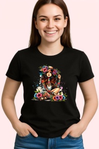 Tricou Boho girl flowers sitting pose, fata boho cu flori asezata relaxata, Copii | Dama | Barbat , tricou negru - Img 3