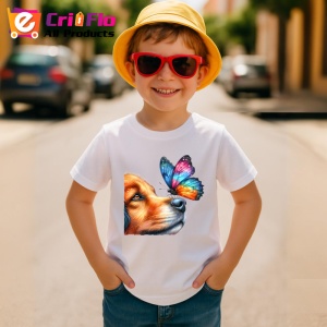 Tricou Border Collie cu fluture curcubeu si privire curioasa Copii | Dama | Barbat Barbat