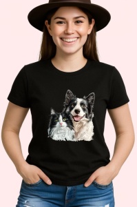 Tricou Border Collie si pisica alb negru adorabili impreuna Copii | Dama | Barbat, negru - Img 4