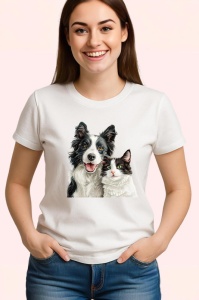 Tricou Border Collie si pisica alb negru dragoste si armonie Copii | Dama | Barbat Barbat - Img 3