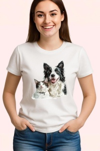 Tricou Border Collie si pisica bicolor alb negru afectiune pura Copii | Dama | Barbat Barbat - Img 3