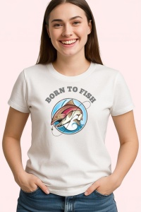 Tricou Born To Fish Ilustratie Peste Si Undita, din bumbac 100% , tricou alb pentru Dama | Barbat - Img 1